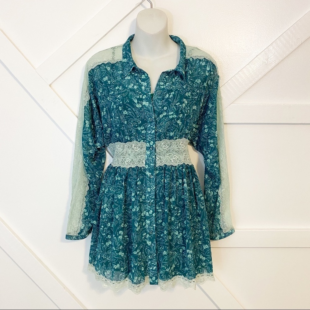 Free People Sheer Romance Mini Dress Emerald Sz S